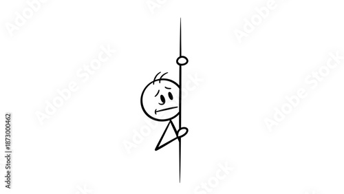 Scared or Curious Stick Figure Peeking from Behind a Wall, Isolated White Background