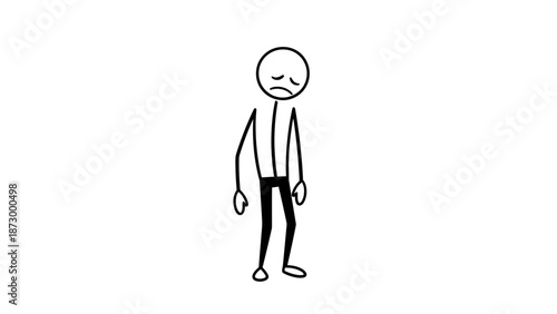 Sad Stick Figure Man Standing Dejected and Discouraged on Isolated White Background