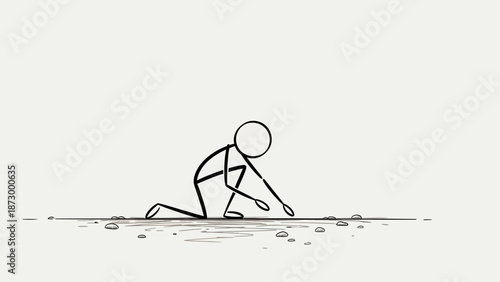 Stickman kneeling on the ground, actively searching for something on a subtle gradient background.