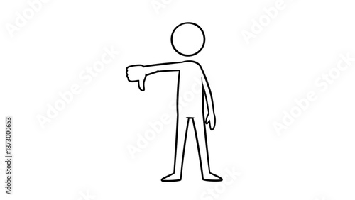 Stickman showing thumbs down gesture, expressing disapproval on isolated white background.