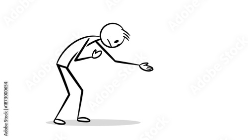 Stick Figure Man Reaching Out with Open Hand, Offering or Asking for Help on Isolated White Background