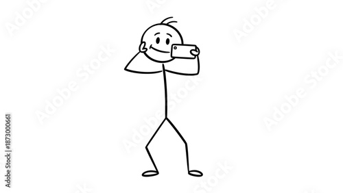 Happy Stick Figure Man Taking a Selfie with Smartphone on Isolated White Background