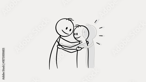 Two Stick Figures Embracing and Sharing a Bright Idea with Lightbulb in Bright Studio