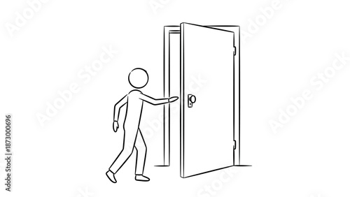 Stick Figure Man Opening Door Entering or Exiting on Isolated White Background, Arriving or Leaving Mood