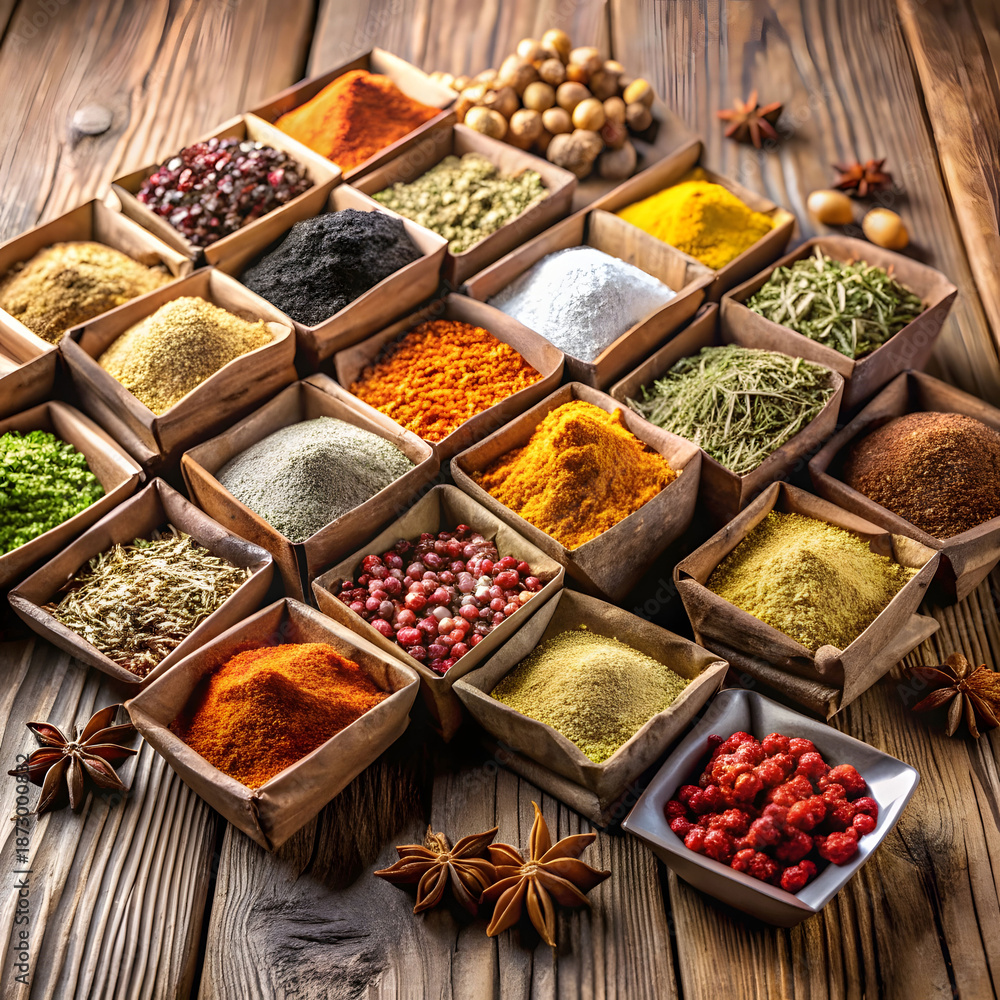 Fototapeta premium Assorted spices neatly arranged in individual packets