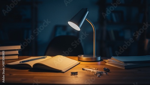 Desk lamp illuminating an open book and notebooks at night.