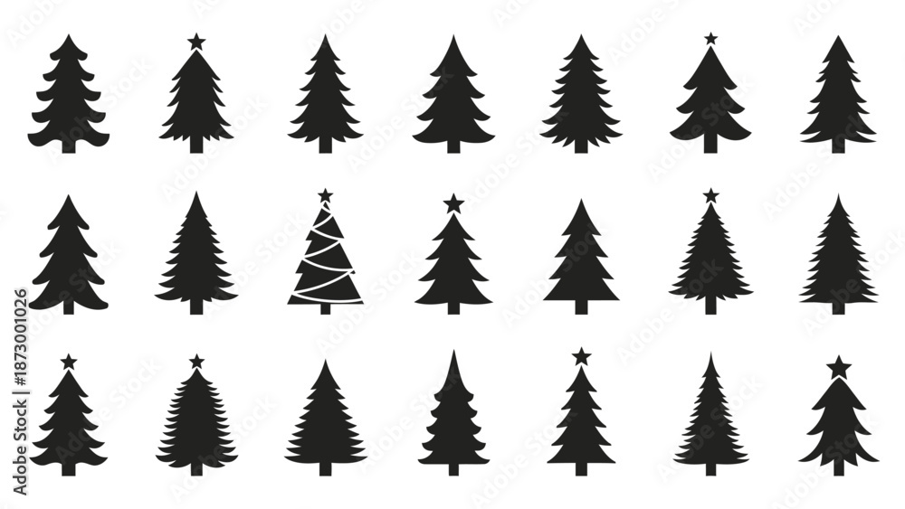 Fototapeta premium Collection of Diverse Black Christmas Tree Silhouettes.