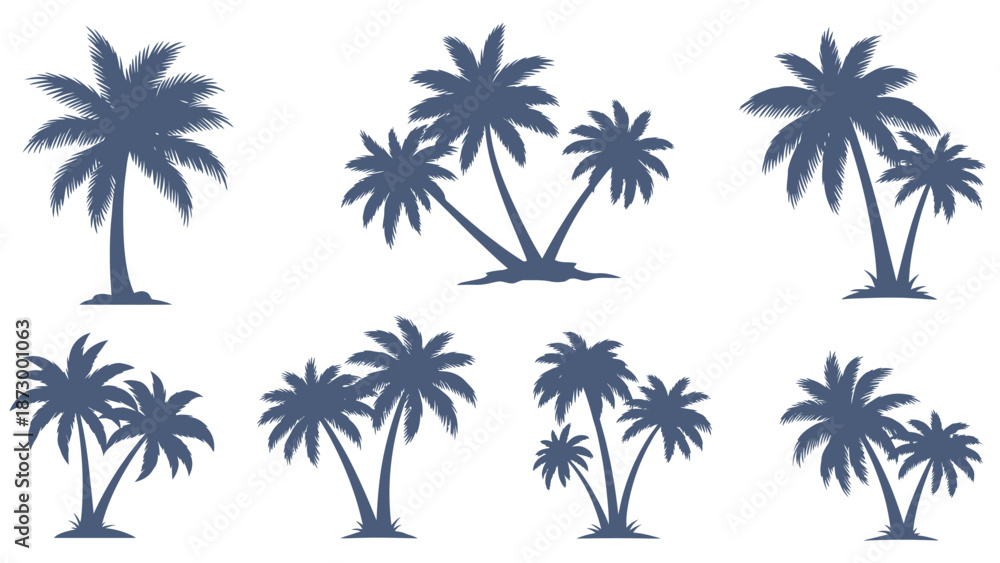 Fototapeta premium Diverse palm tree silhouettes representing tropical landscape on isolated white background