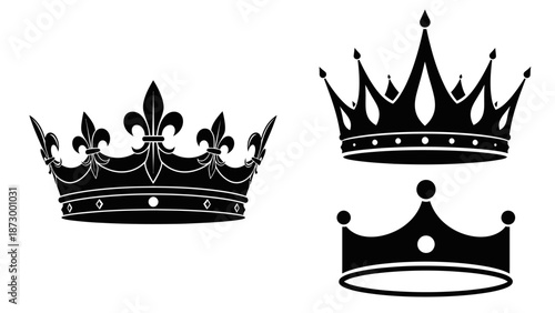 Set of Three Black Royal Crowns Silhouette.