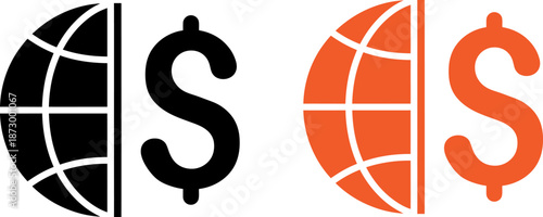 Global finance and business icons with dollar signs and globe symbols