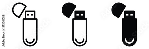 USB Drive icon set. Minimalist Line Art USB Flash Drive Icon with Detached Cap,USB flash drives with removable caps in black and white,USB icon set. Flash disk icon, vector illustration