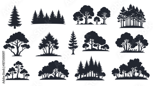 Collection of diverse tree silhouettes including pine and deciduous forest elements on isolated white background