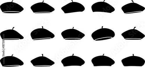 Set of black french beret hat silhouette vector flat illustration design
