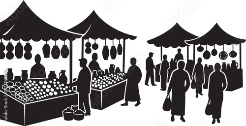 Black and white illustration of a bustling outdoor market scene