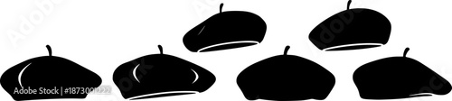 Set of black french beret hat silhouette vector flat illustration design
