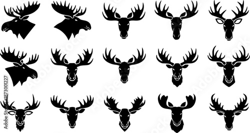 moose head, moose horn black silhouette vector, set pack Simple silhouette Design vector icon with white background. 
