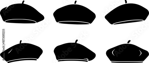 Set of black french beret hat silhouette vector flat illustration design
