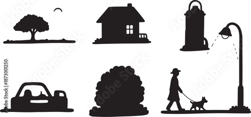 Black Silhouettes of Everyday City Life and Nature Scenes Combined