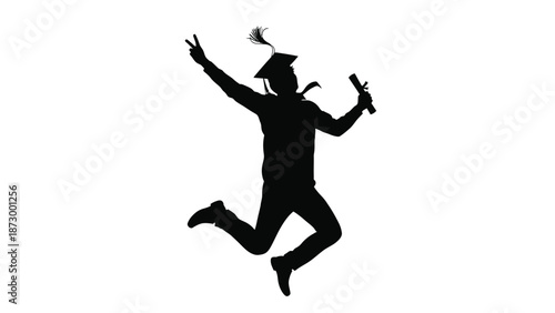 Silhouette of a joyful graduating student wearing a mortarboard cap jumping high in the air while celebrating academic achievement holding a rolled diploma scroll