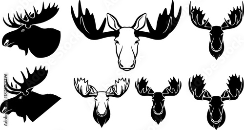 moose head, moose horn black silhouette vector, set pack Simple silhouette Design vector icon with white background. 
