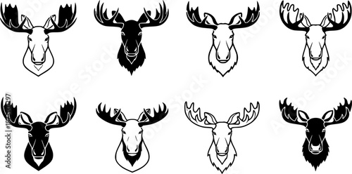 moose head, moose horn black silhouette vector, set pack Simple silhouette Design vector icon with white background. 
