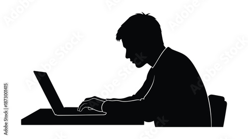 Silhouette of a focused person diligently typing on a laptop computer while seated at a desk illustrating dedication to online work or digital tasks