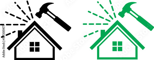 Conceptual icons representing house construction and renovation with hammers