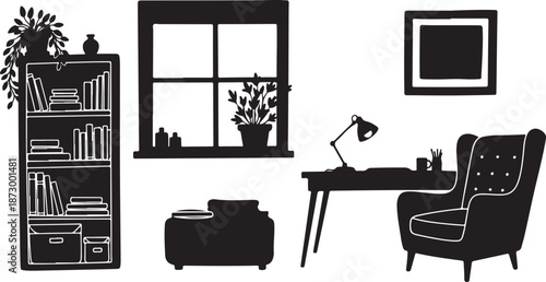 Minimalist home office setup with furniture and decor illustration