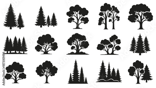 Collection of Diverse Tree Silhouettes for Nature and Forest Designs.