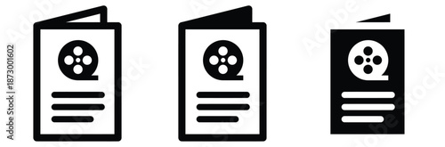 Film strip icons on documents in black and white,vector logo cinema, roll film vector,film reel vector, cinema logo on white background	