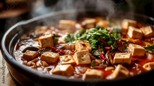 Spicy Tofu Stew with Vegetables and Herbs in Hot Pot