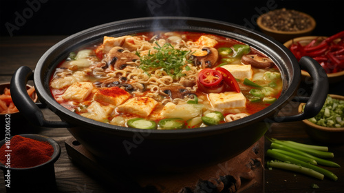 Spicy Tofu Stew with Vegetables and Herbs in Hot Pot