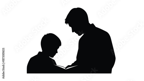 Silhouette profile of father and son sharing a quiet moment reading a book together showcasing education bonding and lifelong learning in simple graphic form