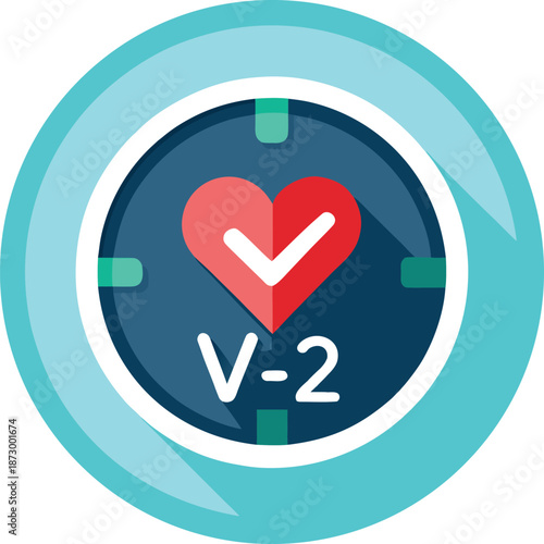 Vital V-2 : A visual representation of a heart with a checkmark, set within a watch-like design, symbolizes health and well-being.