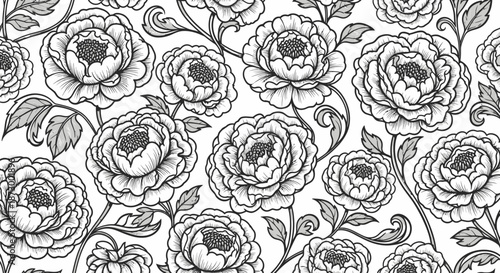 Intricate black and white floral pattern featuring blooming peonies on a textured background
