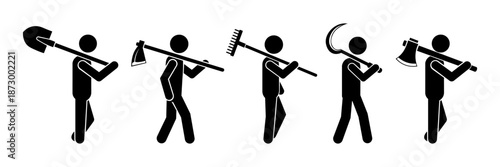 Stickman Agriculture Workers with Farming Tools Silhouette.