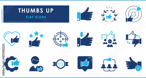 A set of flat icons related to Thumbs up. Like, good, accept, empower, award, target, better, and so on.