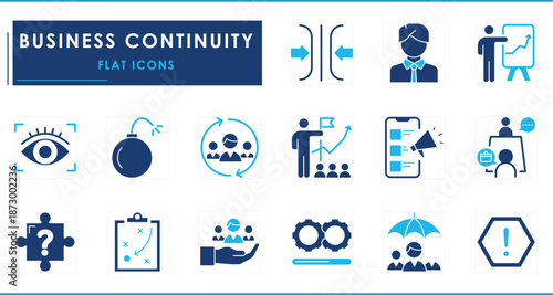A set of flat icons related to Business continuity. Business, plan, strategy, adaption, solution, vision, risk, deadline, project, announcement, leadership, and so on.