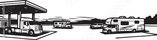 Vehicles and RVs at a Gas Station Parking Lot Scene