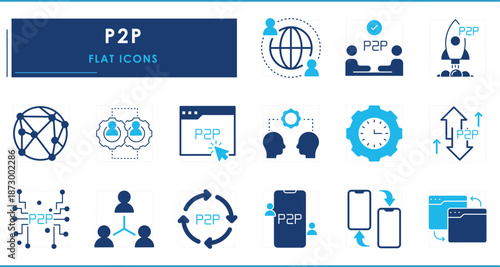 A set of flat icons related to P2P. Peer, friend, network, business, share, exchange, and so on.