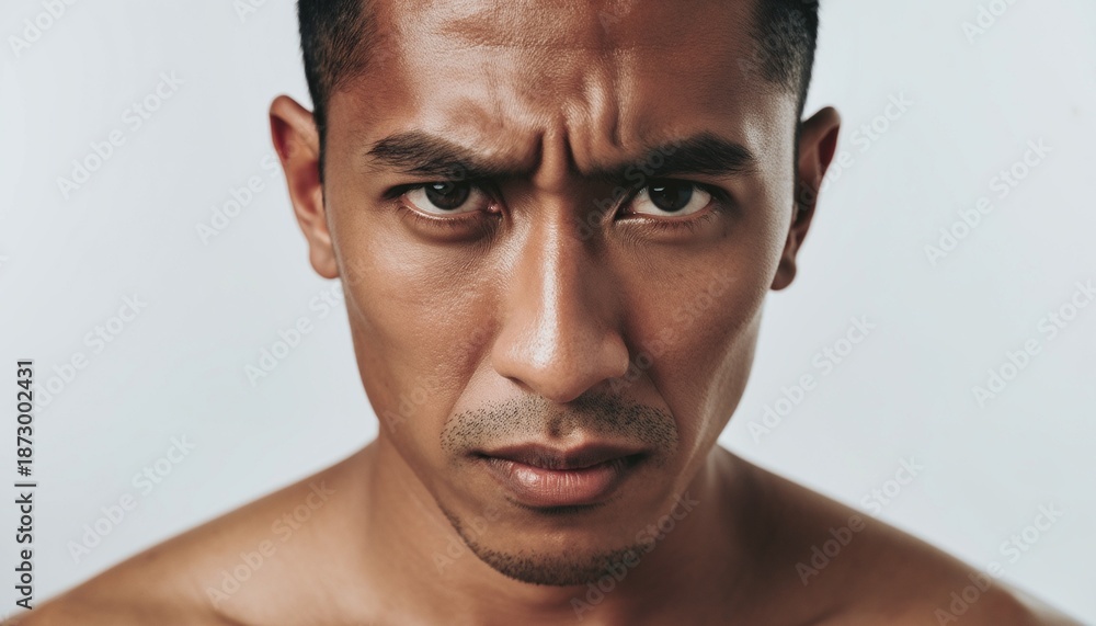 Fototapeta premium Intense Man With Angry Expression and Furrowed Brow.