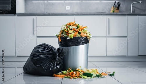 Kitchen Waste Overflowing From Trash Can With Full Garbage Bag.