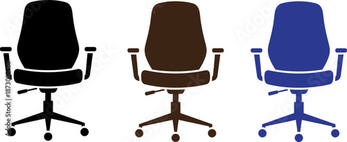 Three office chairs in black, brown, and blue for workspace decor