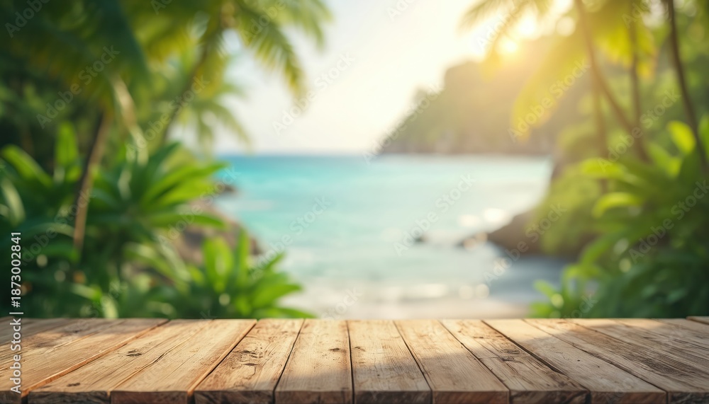 Fototapeta premium Empty wooden table on tropical beach with ocean view. Palm trees and rich greenery frame the blurred seascape. Perfect for summer product placement or relaxed vacation themes.