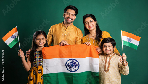 Happy Indian Family Holding National Flag Isolated on White