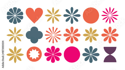 Vibrant floral motifs and geometric shapes in a colorful, modern design composition on a clean white background.