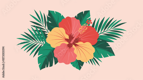 Assorted tropical leaves and flowers arrangement on a soft peach background illustration
