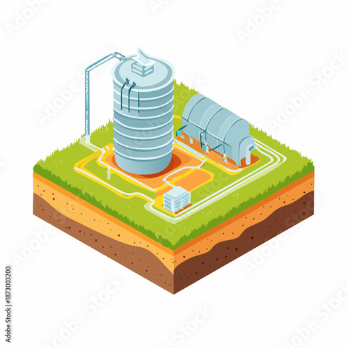 Isometric view of industrial facility with storage tanks and pipelines on green ground