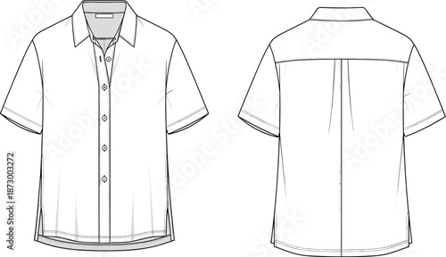 Men short sleeve casual shirt technical fashion illustration, front and back view, classic apparel design template, everyday topwear, cad drawing flat vector