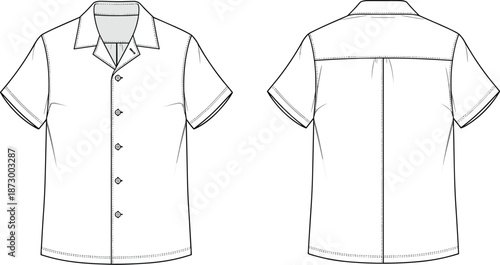 Men short sleeve button up shirt technical fashion illustration, front and back view, casual apparel design template, summer topwear, cad drawing flat vector